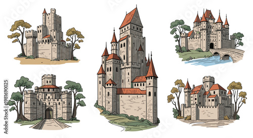 Set of majestic medieval castle illustrations with stone towers, fortified walls, and surrounding scenic landscapes.