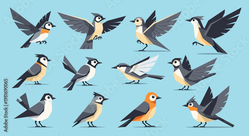 Colorful bird collection featuring various species in flying and perched poses with a minimalist geometric design style on blue background.
