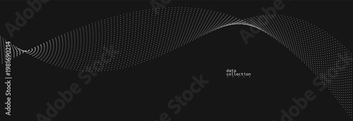 Grey abstract background, vector wave of flowing particles over black, curvy lines of dots in motion, technology and science theme, airy and ease futuristic illustration.