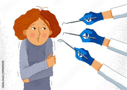 Dentophobia fear of dentist doctor and painful teeth fixing vector illustration, girl surrounded with dentist hands in gloves with dental tools scared in panic attack.