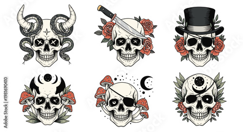 Unique set of artistic skull illustrations featuring elements like snakes, daggers, roses, top hats, moons, and mushrooms in a gothic style.