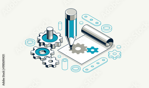 Mechanical engineering project concept, engine draft plan drawing, technical scheme blueprint, paper sheet with gears 3D isometric vector illustration, repair tutorial.