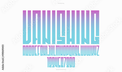 Halftone dotted geometric brutal and bold typeface for logos and posters, vector urban industrial font, modern display typography in cyberpunk futuristic style.