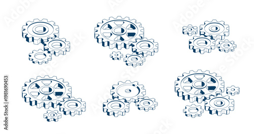 Mechanical engineering concept set, gears and cogs composition isometric 3D vector illustration, cogwheels system technology and technics machinery engine.