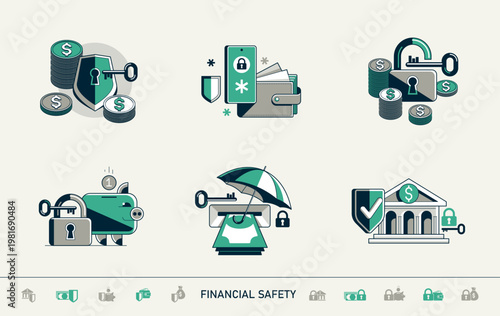 Safety of finances vector detailed icons set, financial risk, secured savings, protected bank account, insurance and privacy protection.