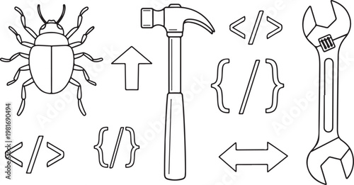 Hand Drawn Programming and Development Tools Set with Bug Hammer Code Symbols Wrench Line Vector Illustration