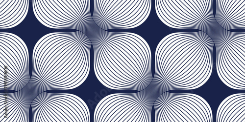 Linear geometric flowers seamless pattern, vector tiling abstract background of optical art lines curvy shapes look like flowers, elegant endless wallpaper.