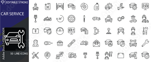 Car service icons set. Includes symbols of maintenance, repair, mechanic, oil change, tools, and automotive service. Editable stroke. Vector illustration. Outline icons.