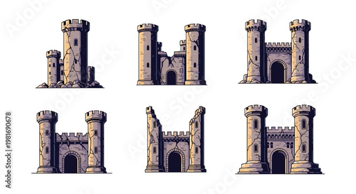 Set of medieval castle ruin illustrations featuring crumbling stone towers, gates, and walls in a detailed pixel art or vector style.