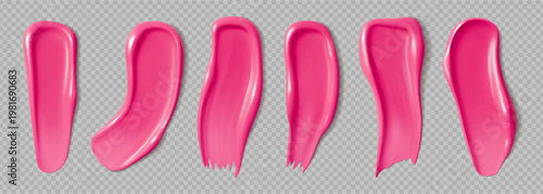 Realistic pink lipstick cosmetic swatches set. 3d vector glossy paint smears with smooth texture and fluid shape. Rose shiny makeup gloss, nail polish, beauty or fashion cosmetics product brushstrokes