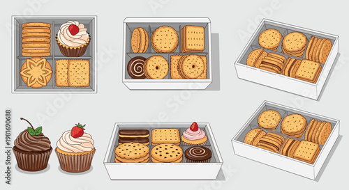 Tempting assortment of cookies and cupcakes presented in various gift boxes and containers for a sweet treat presentation in a flat style.
