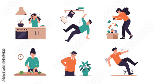 Set of safety awareness illustrations depicting common household accidents like falls, spills, and back pain for prevention education.
