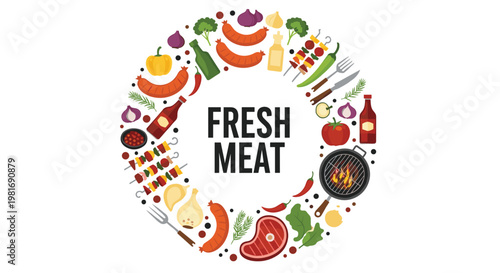 Fresh meat themed design featuring a circular wreath of sausages, steak, vegetables, and grilling tools around bold central text.