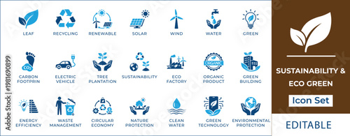 Sustainability and eco green icon set featuring renewable energy, solar panels, wind turbine, recycling, carbon footprint, electric car, and organic nature conservation symbols.