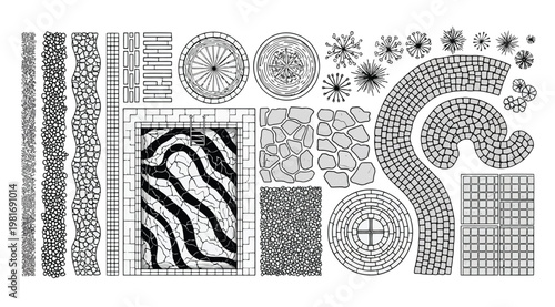 Collection of various mosaic patterns and designs in black and white on a pure