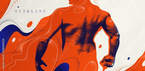 Abstract human vitality concept with strong male torso silhouette, energy flow, dynamic body power and fitness motivation illustration.