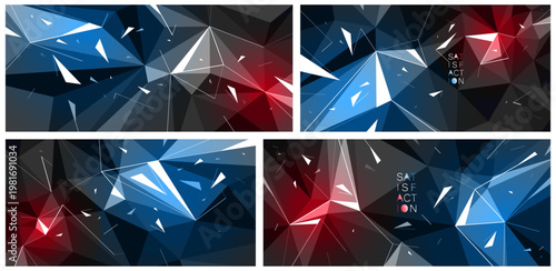 Dark polygonal vector abstract background set with color spotlights, low poly surface with explosion of flying debris particles, 3D dynamism broken structure, motion force elements.