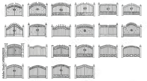 Collection of various metal gate designs and styles for architecture and construction
