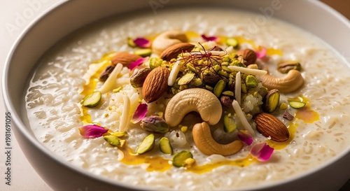 delicious rice pudding with nuts and dried flowers