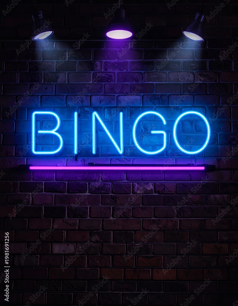 Fototapeta premium A neon sign reading BINGO on a brick wall with spotlights