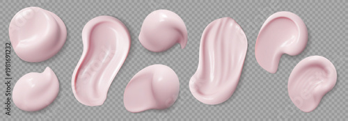Pink foundation cream swatch, skincare cosmetic drops. Realistic 3d vector set of serum or lotion smears shapes and textures. Smooth, glossy strokes for beauty product presentations, skincare ads