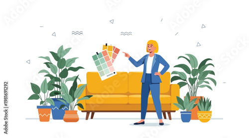 A woman in a blue suit standing in front of a yellow couch holding up color swatches surrounded by potted plants in various pots and planters in a modern living room setting with a