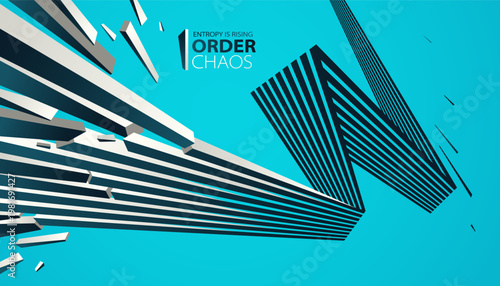 Entropy concept vector abstract background with debris flying in chaos, destruction theme wallpaper, exploded pieces disorder 3D design