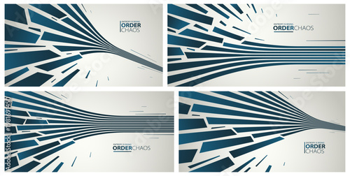 Entropy concept vector abstract background set with debris flying in chaos, destruction theme wallpaper, exploded pieces disorder 3D design