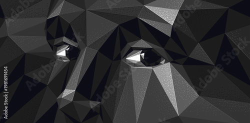 Low poly design of a boy male face in dark colors, vector illustration of a eyes looking at camera polygonal futuristic face wallpaper, artificial intelligence concept.