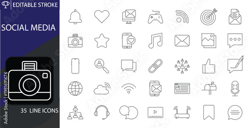 Social media icons set. Includes symbols of like, share, comment, followers, messaging, and online interaction. Editable stroke. Vector illustration. Outline icons.
