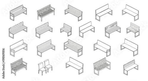 Collection of various bench designs and styles in different perspectives and angles for furniture and interior design purposes