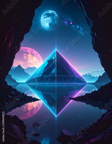 A neon-lit pyramid reflects in water amidst mountains and celestial bodies