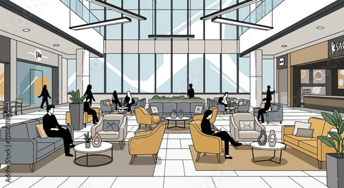 Modern Office Lobby Interior with People Sitting and Walking, Bright Natural Light