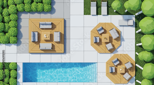 Overhead view of a modern backyard pool area with wooden decks and furniture surrounded by green trees and grass on a sunny day with white tiles