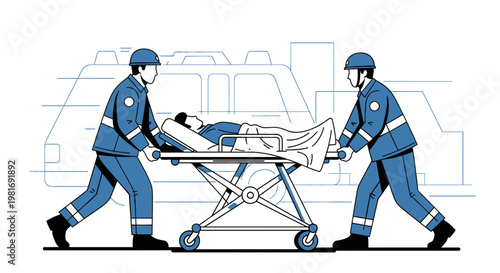 Paramedics Transporting Patient on Stretcher with Ambulance Background