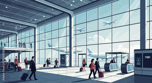Modern Airport Terminal Interior with Travelers and Airplanes Outside