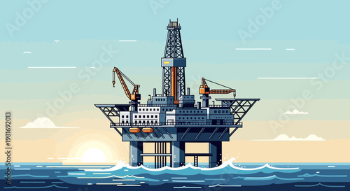 Offshore oil rig platform in ocean at sunrise, industrial drilling equipment, energy production