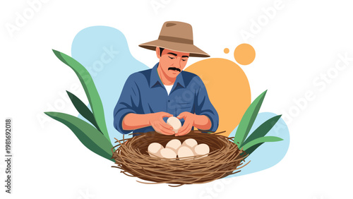Diligent farmer wearing a wide-brimmed hat carefully handling white eggs in a large woven nest surrounded by stylized green leaves.