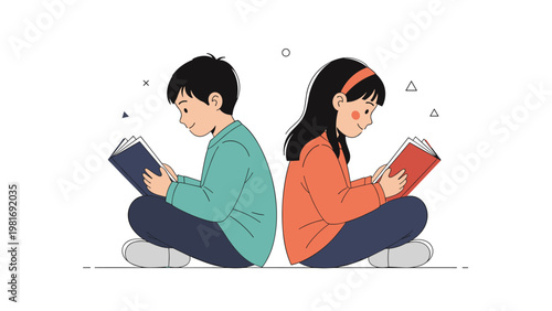 Young boy and girl sitting back to back on the floor deeply engrossed in reading their books in a minimalist interior.