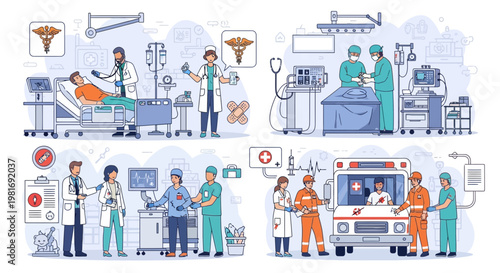 Medical Team Caring for Patients in Hospital and Ambulance Scenes