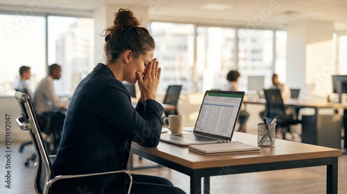 Stressed businesswoman experiencing severe workplace burnout, feeling overwhelmed and frustrated while working at her office desk