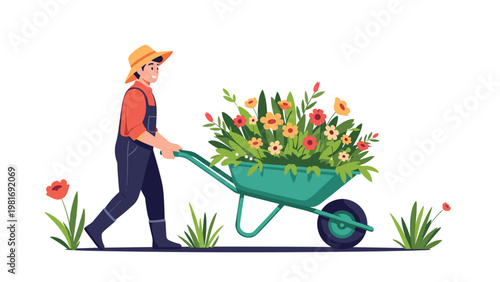 Smiling gardener in overalls and a sun hat pushing a green wheelbarrow overflowing with vibrant colorful flowers.