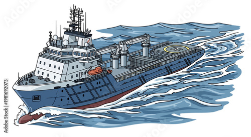 Modern research vessel with helideck sailing through choppy blue ocean waves, illustration