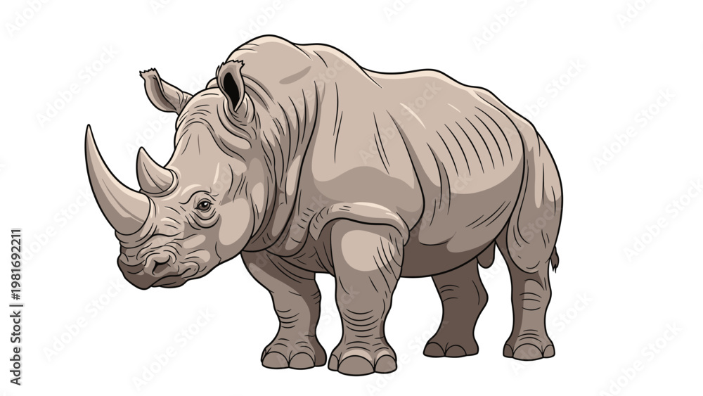 Fototapeta premium Large grey rhinoceros standing firmly on all four legs and looking forward with its two distinctive horns against a white background.