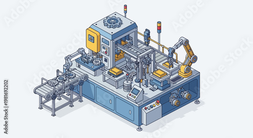 Automated manufacturing assembly line with robotic arm and conveyor belt, industrial production technology