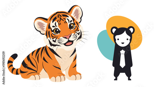 Adorable baby tiger cub sits peacefully alongside a small stylized character wearing a formal business tie against a white background.