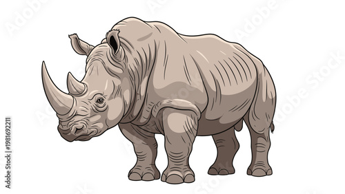 Large grey rhinoceros standing firmly on all four legs and looking forward with its two distinctive horns against a white background.