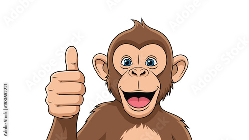Playful cartoon monkey with bright blue eyes gives a enthusiastic thumbs up gesture while smiling broadly against a white backdrop.