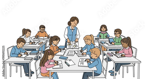 Children learning in classroom with teacher, drawing and writing at desks