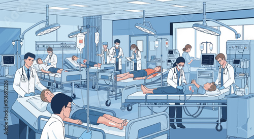 Busy hospital emergency room with doctors and nurses caring for patients in beds.